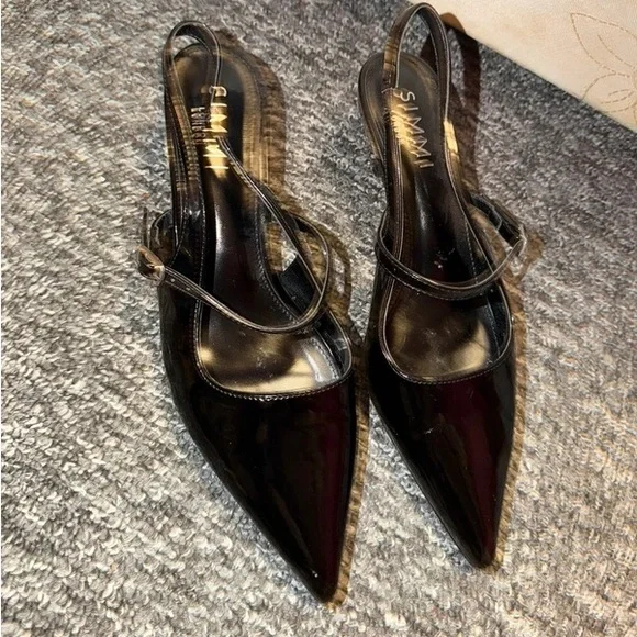 SIMMI Black Patent Pointed Slingback Pumps with Strap - Picture 1 of 3